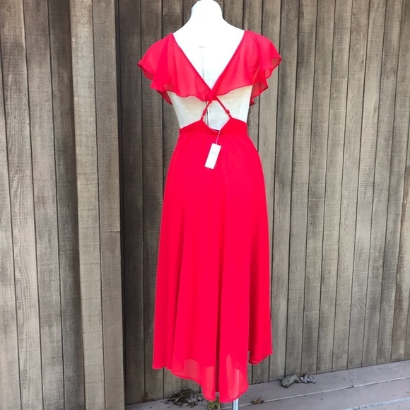 Anthropologie Yumi Kim Womens Red Wrap Midi Dress Ruffle Crepe Large - Picture 6 of 16